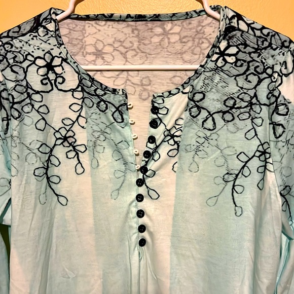 L Turquoise Blouse with Ornament and Front Buttons LongSleeve V-Neck Tunic Shirt - Picture 3 of 8